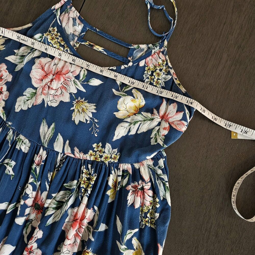 Band Of Gypsies Blue Floral Tiered Maxi Dress XS Boho Spaghetti Straps Festival - Picture 4 of 8